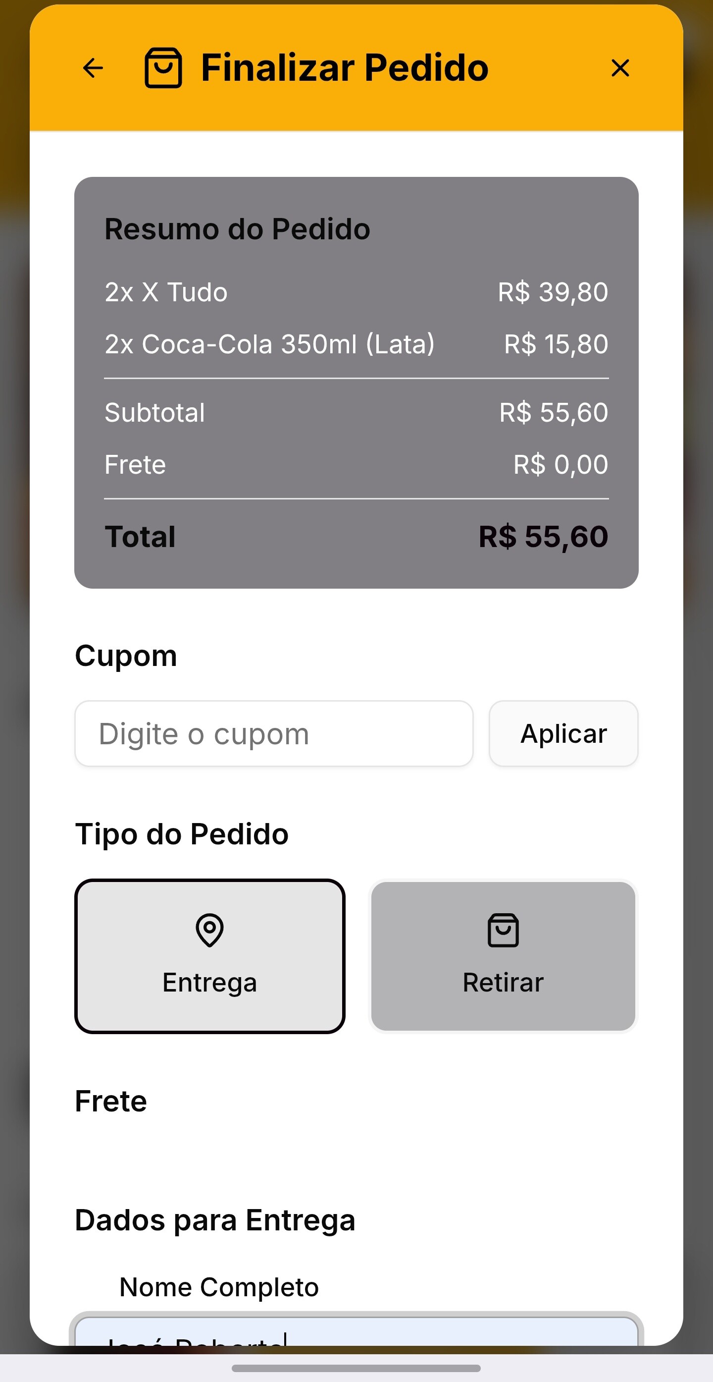 Finalizar pedido (frete/retirada)